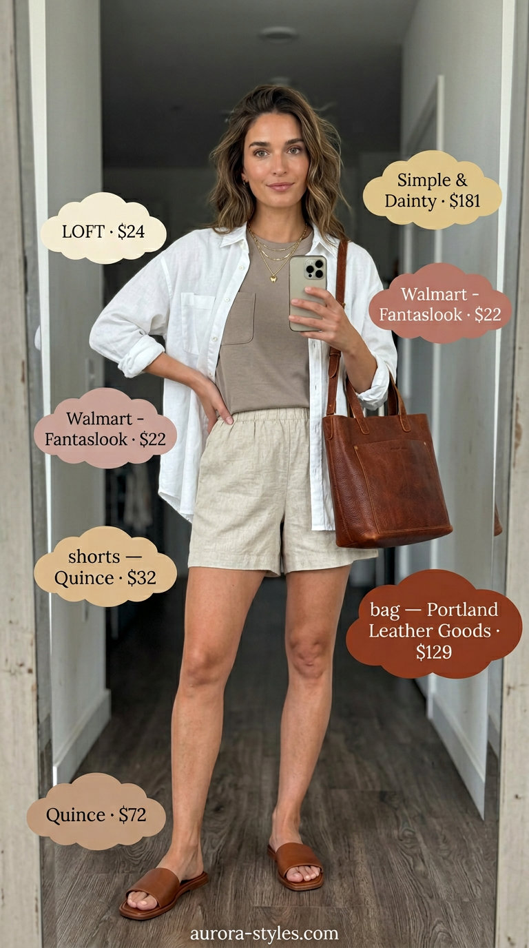 Relaxed beige linen shorts set with cream shirt and tan sandals for summer street style outfits for women with rectangle shape 2026.