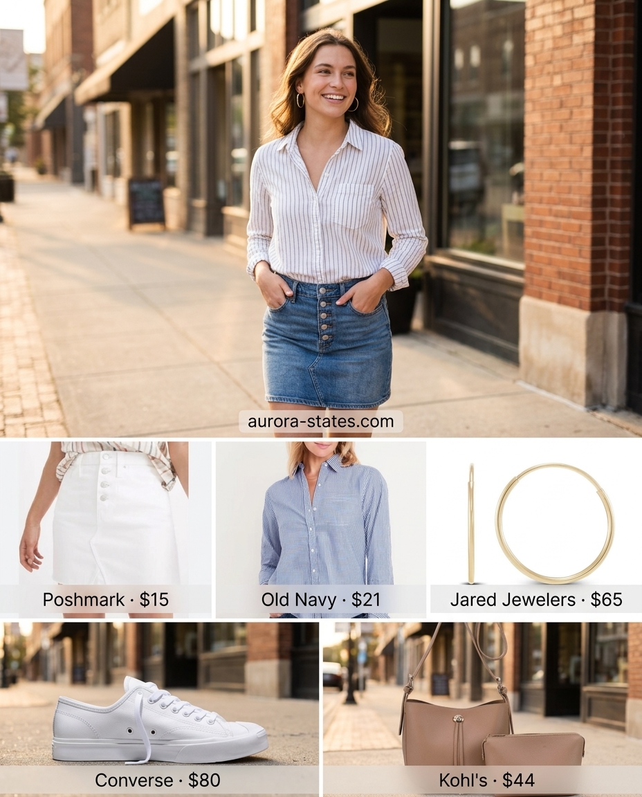 Playful white mini skirt, blue striped shirt, and white sneakers for summer street style outfits for women with rectangle shape 2026.