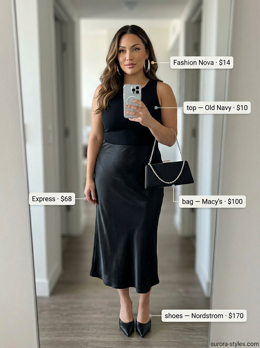 Sophisticated black midi skirt with knit top, mules, and clutch for summer street style outfits for women with rectangle shape 2026.