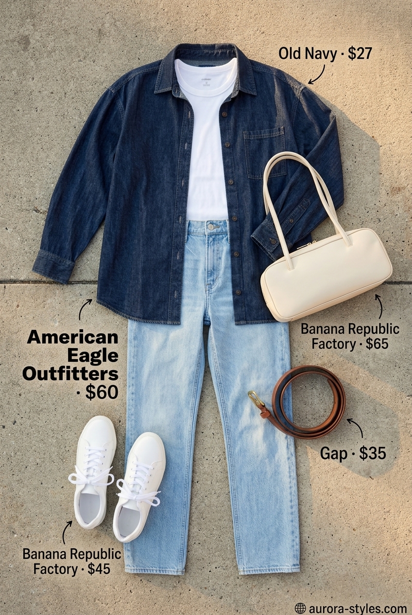 Retro denim outfit with oversized shirt, straight-leg jeans, and white sneakers for summer street style outfits for women with rectangle shape 2026.