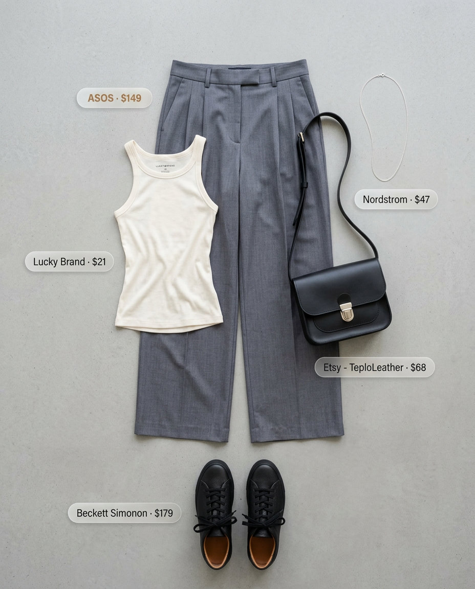 Modern slate grey wide-leg pants with white tank, black sneakers, and silver necklace for summer street style outfits for women with rectangle shape 2026.