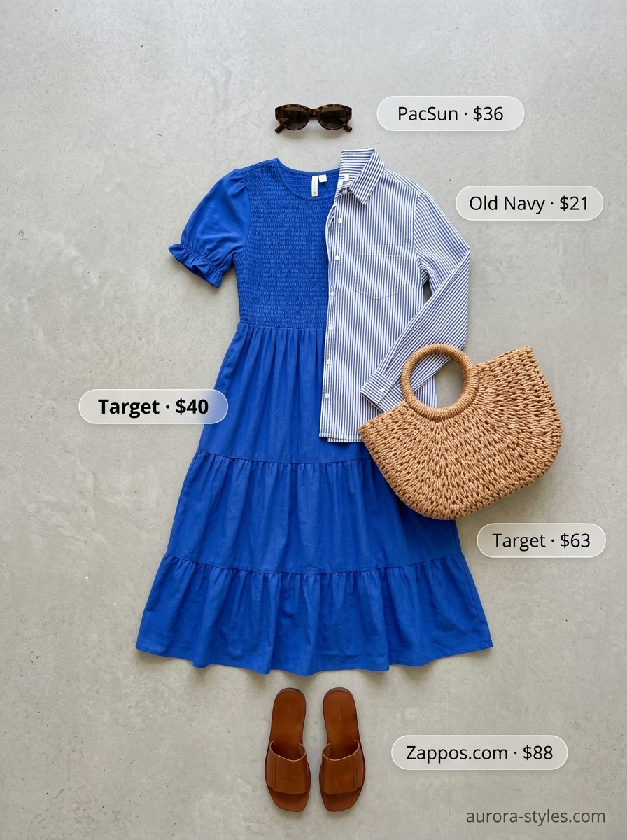 Vibrant cobalt blue midi dress with tan sandals and straw bag for summer street style outfits for women with rectangle shape 2026.