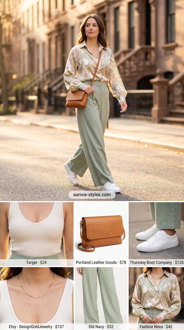 Chic sage green wide-leg pants with cream tank and white sneakers for summer street style outfits for women with rectangle shape 2026.