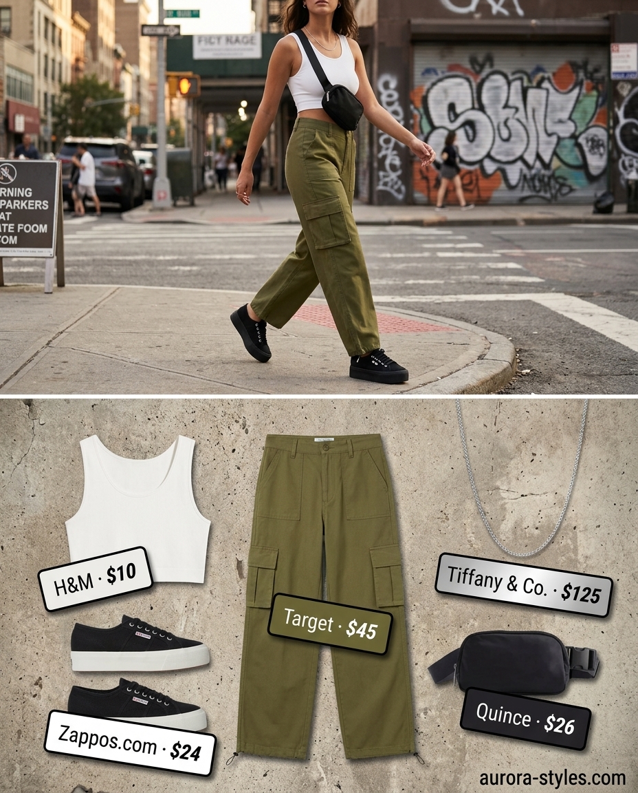 Olive green cargo pants outfit for summer street style outfits for women with rectangle shape 2026. Trendy urban look.