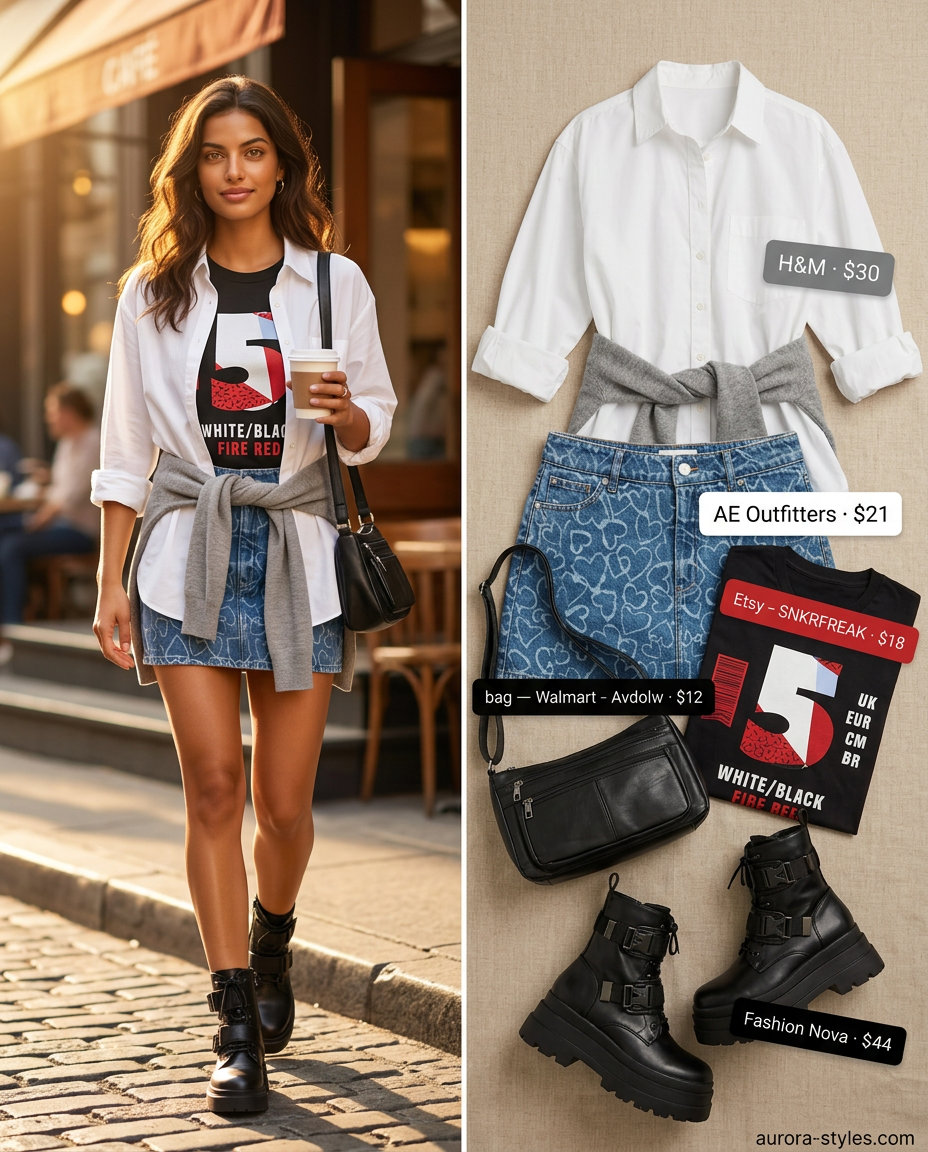 Denim mini skirt and graphic tee for summer street style outfits for women with rectangle shape 2026. Edgy cool look.