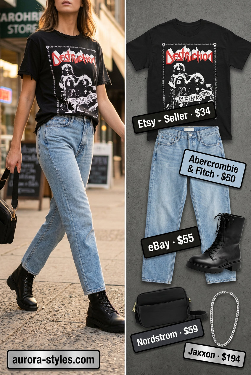 Edgy graphic tee, straight-leg jeans, and combat boots for summer street style outfits for women with rectangle shape 2026.