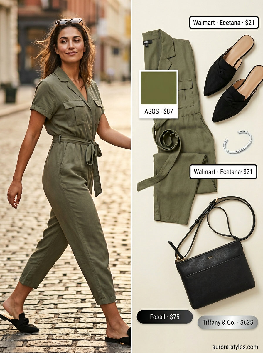 Khaki green utility jumpsuit for summer street style outfits for women with rectangle shape 2026. Casual day out look.