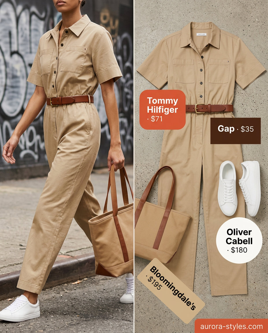 Chic khaki utility jumpsuit with leather belt and sneakers for summer street style outfits for women with rectangle shape 2026.