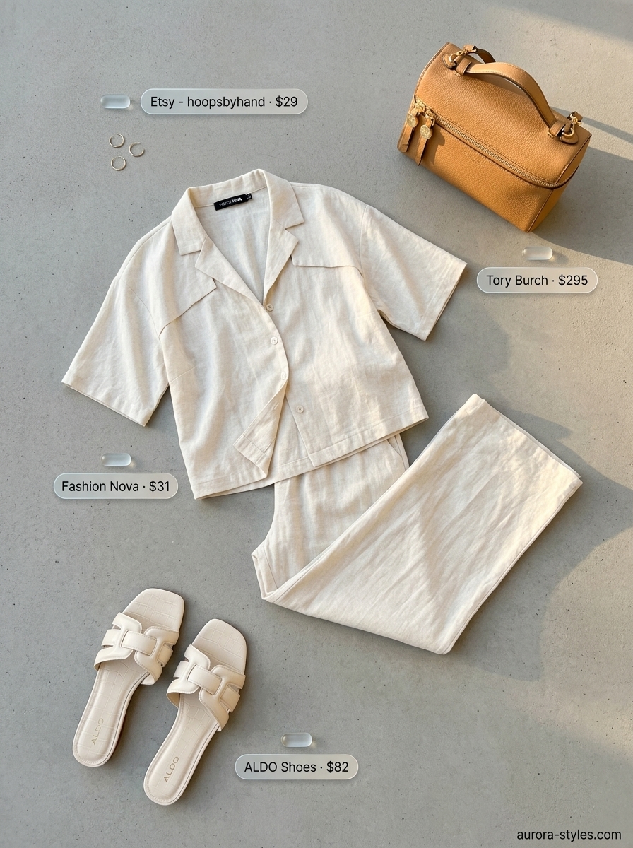 Cream linen wide-leg pants and shirt set for summer street style outfits for women with rectangle shape 2026. Minimalist chic look.