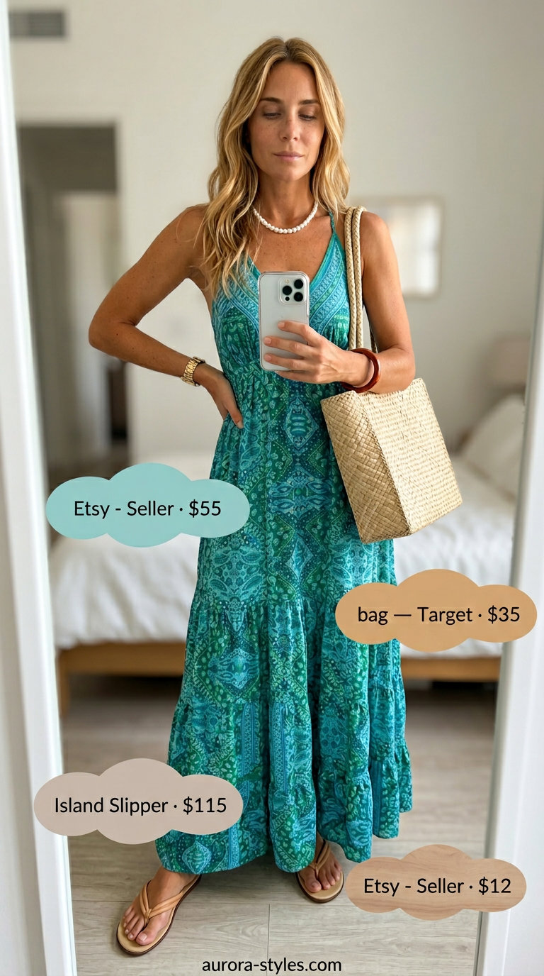 Teal blue maxi dress for summer street style outfits for women with rectangle shape 2026. Bohemian relaxed look.