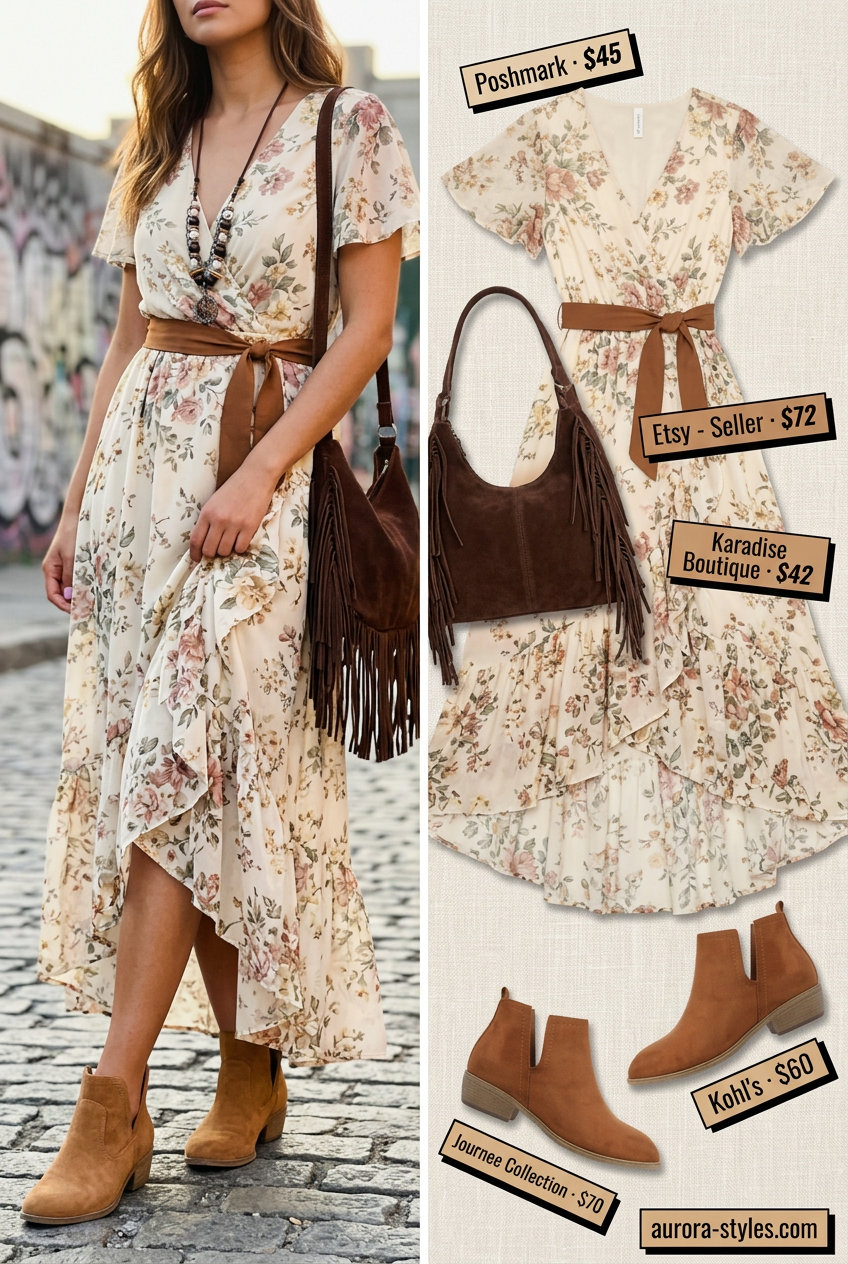 Boho pastel floral maxi dress with suede ankle boots for summer street style outfits for women with rectangle shape 2026.