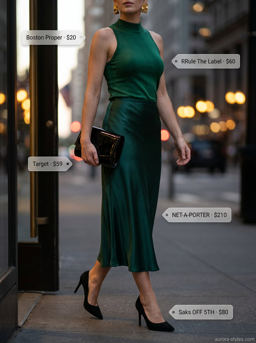 Sophisticated emerald green knit tank and satin midi skirt for evening summer street style outfits for women with rectangle shape 2026.