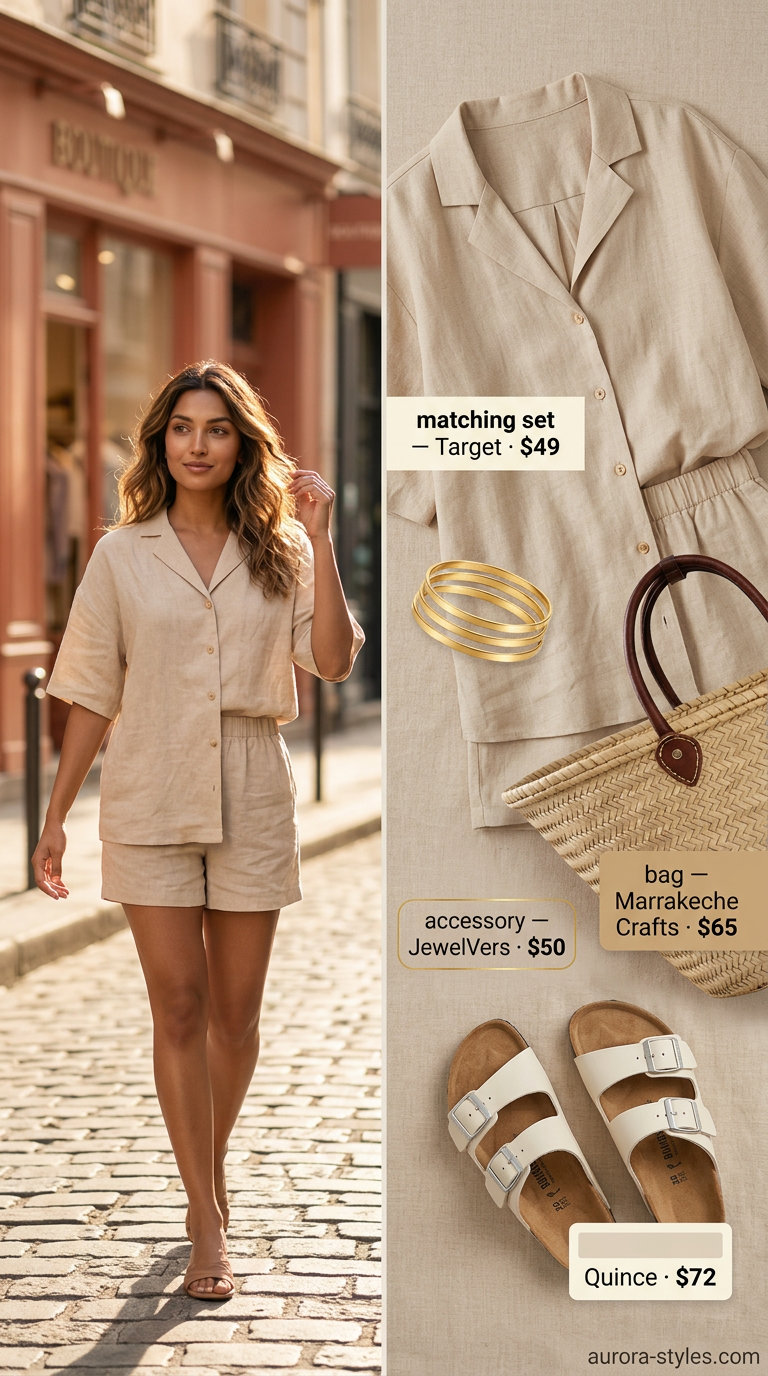 Cream linen shorts set for summer street style outfits for women with rectangle shape 2026. Polished vacation look.