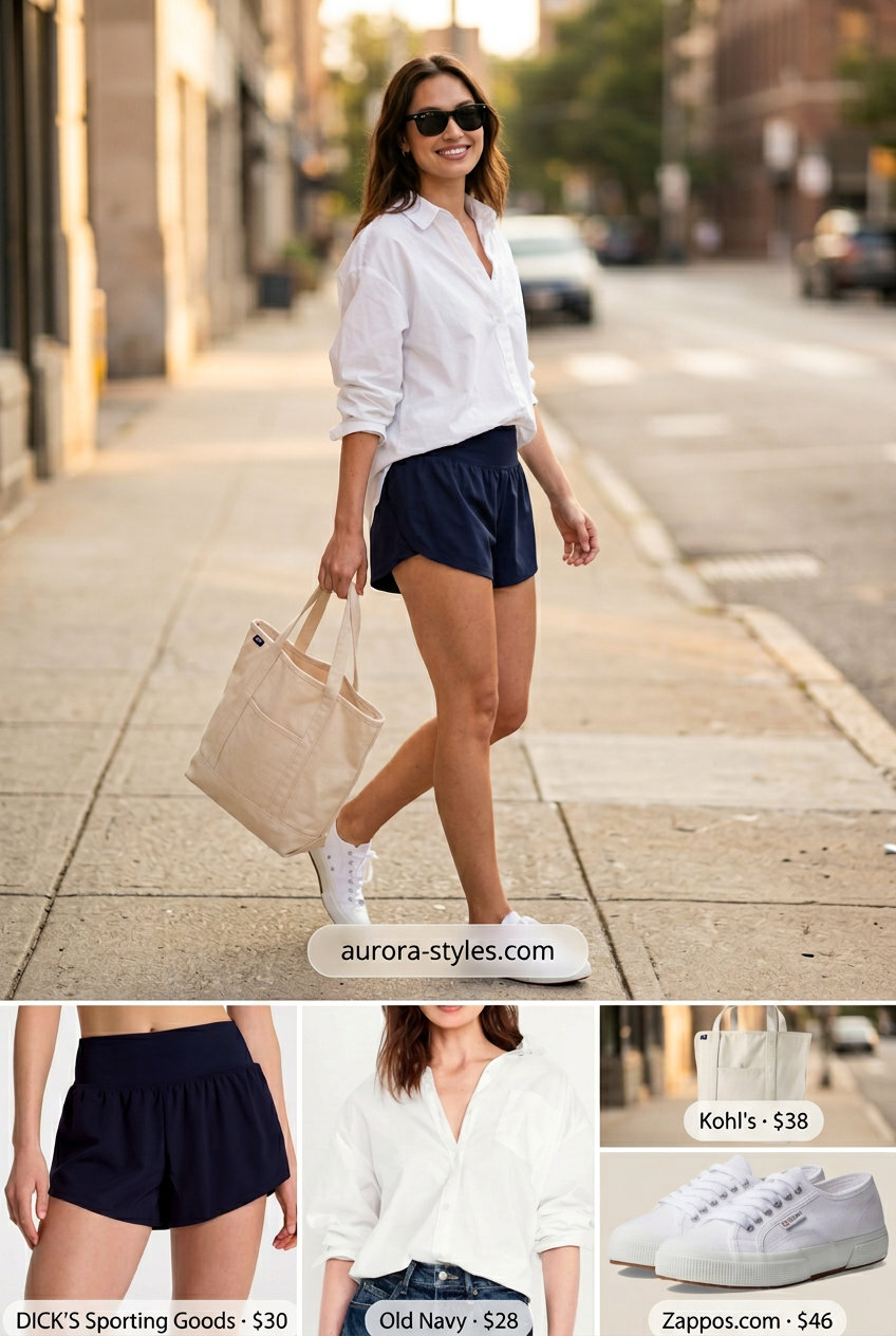 Navy blue athletic shorts and oversized white shirt for summer street style outfits for women with rectangle shape 2026.