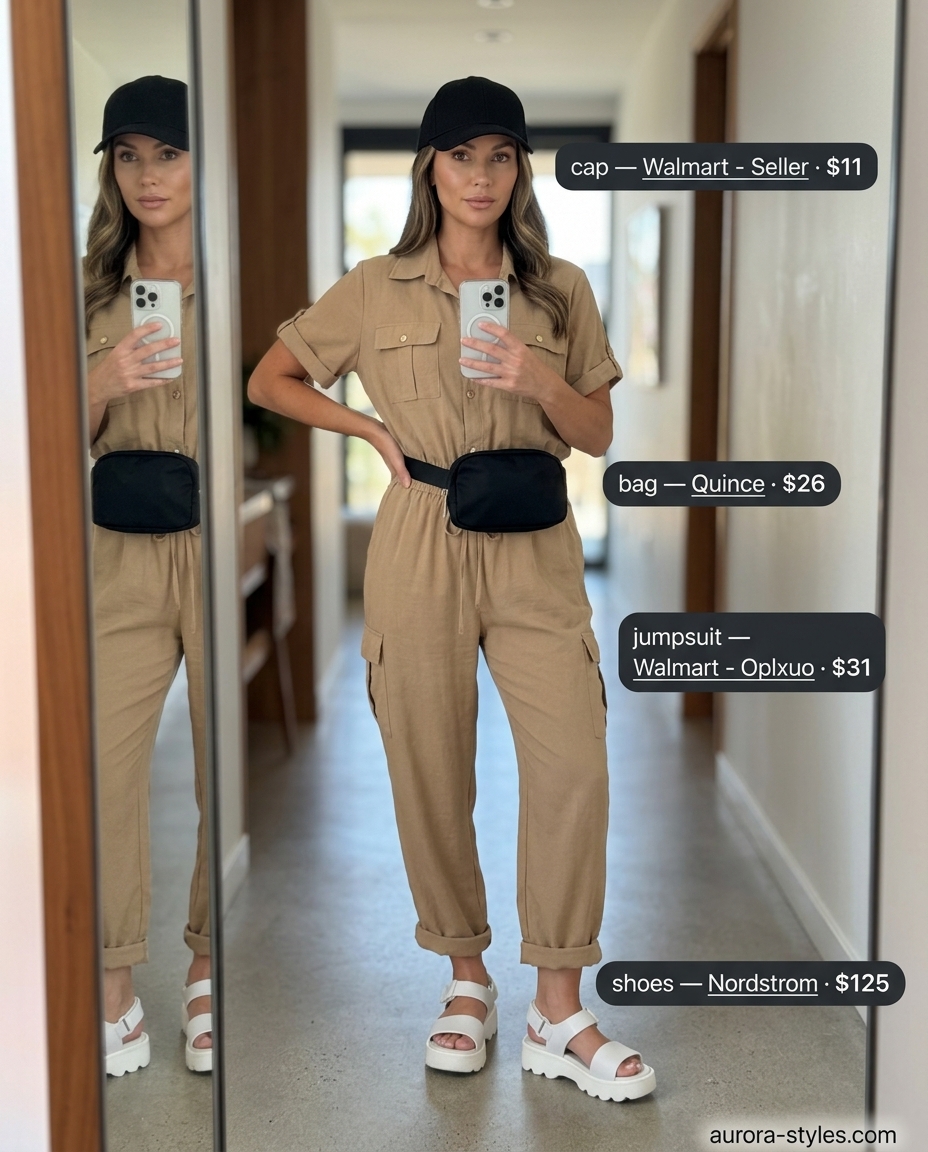 Sporty khaki utility jumpsuit with chunky sandals and baseball cap for summer street style outfits for women with rectangle shape 2026.