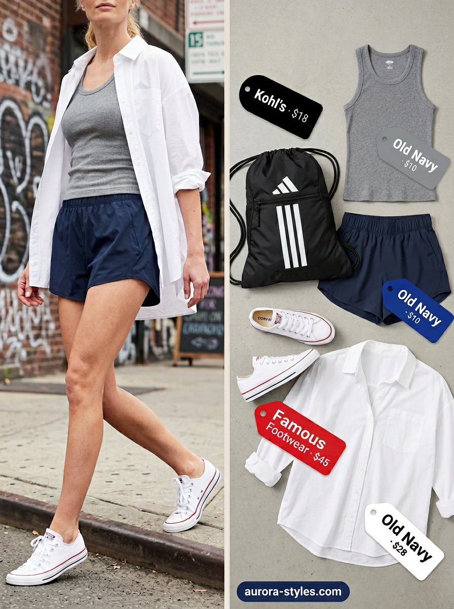 Sporty navy athletic shorts, oversized white shirt, and sneakers for summer street style outfits for women with rectangle shape 2026.
