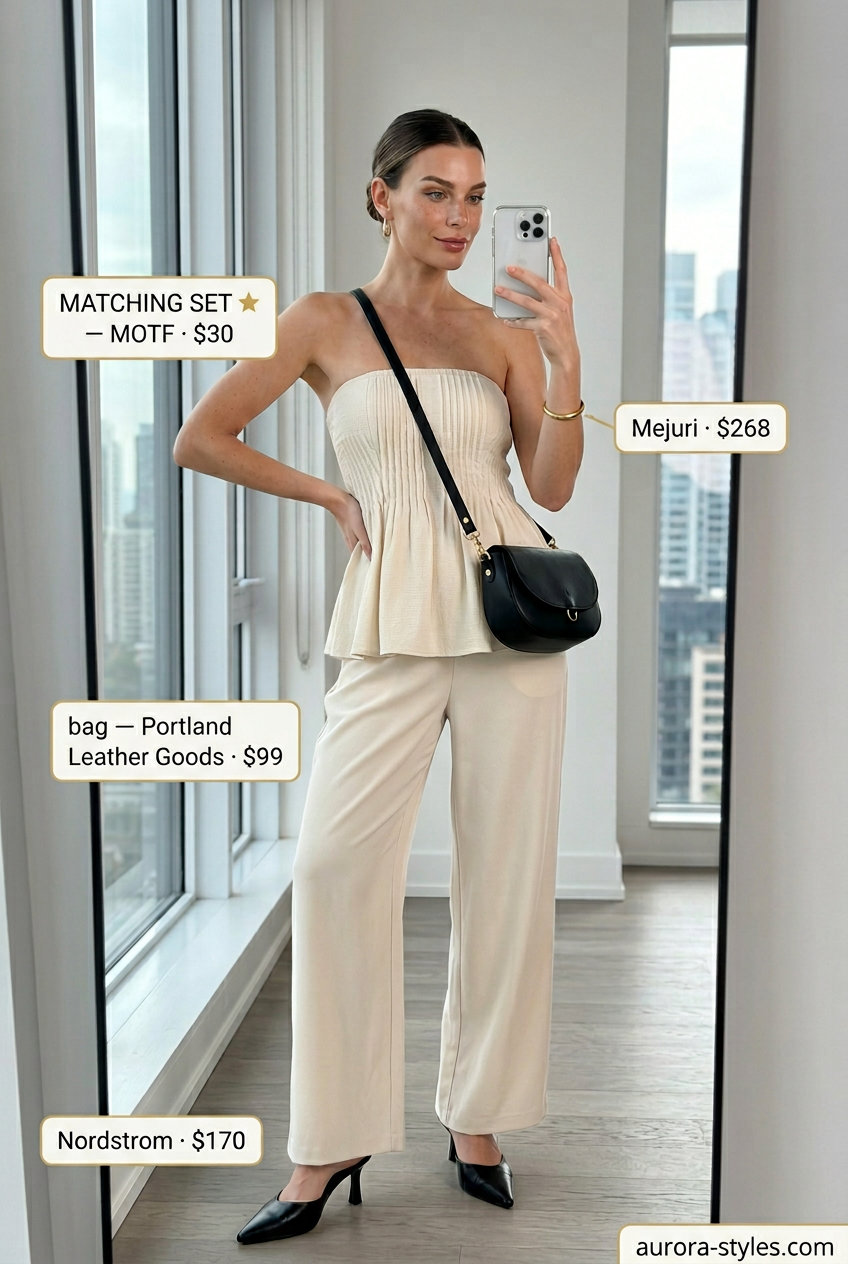 Sophisticated cream linen bandeau top and wide-leg trousers for evening summer street style outfits for women with rectangle shape 2026.