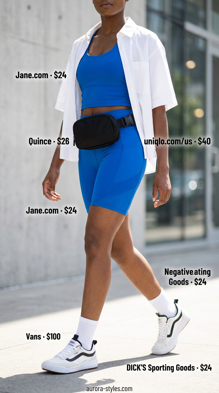 Summer streetwear for women 2026: Cobalt blue athleisure matching set with biker shorts and cropped tank.