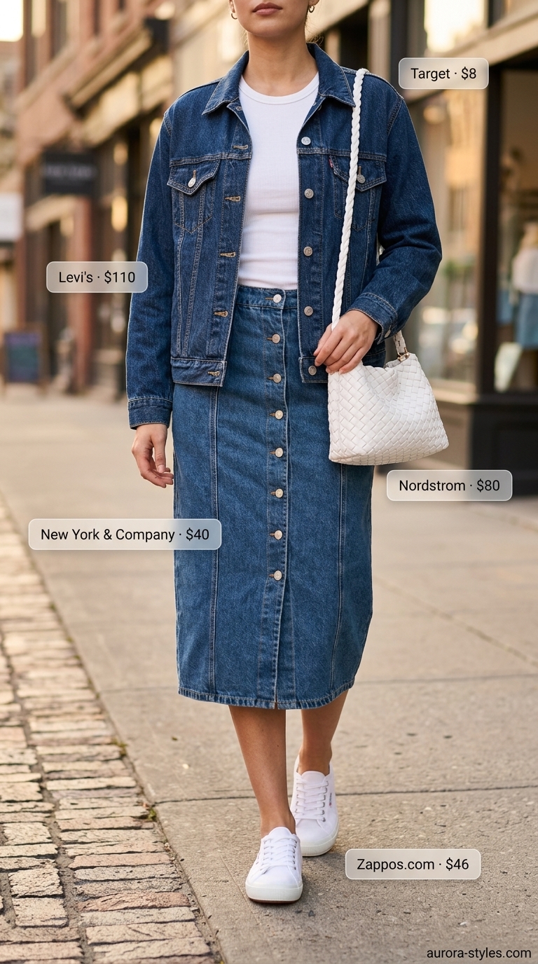 Summer streetwear for women 2026: Denim on denim outfit with midi skirt, white tank, and denim jacket.