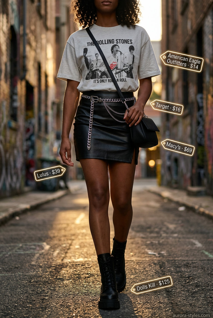 Summer streetwear for women 2026: Edgy faux leather mini skirt with graphic tee and combat boots.