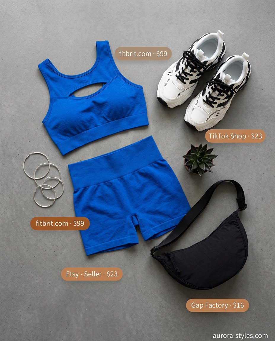 Summer streetwear for women 2026: Electric blue athletic shorts and t-shirt set with chunky sneakers.