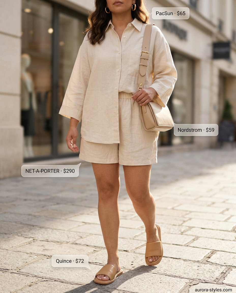 Summer streetwear for women 2026: Relaxed cream linen set with slide sandals and gold hoop earrings.