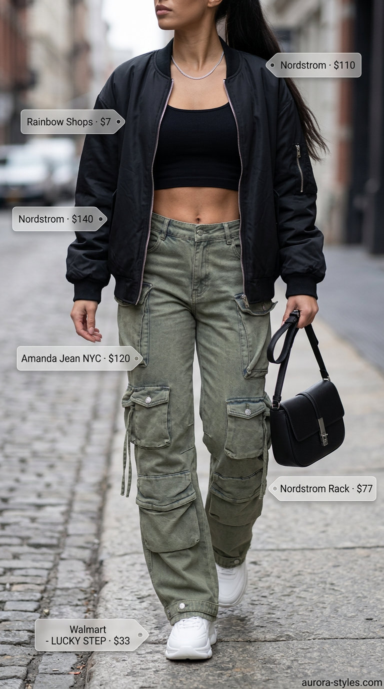 Summer streetwear for women 2026: Olive green cargo pants with bomber jacket and black crop top.