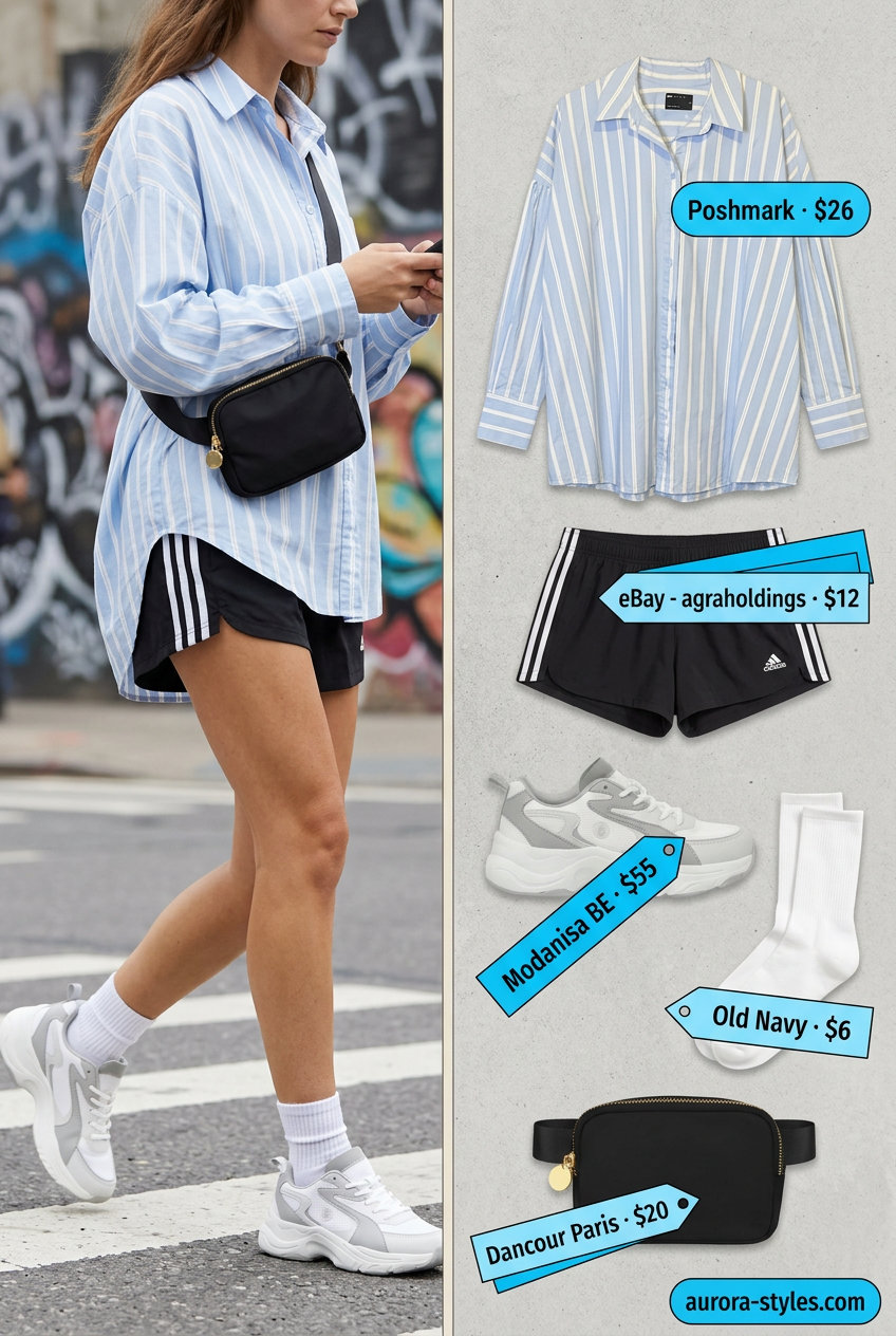 Summer streetwear for women 2026: Sporty shorts and oversized striped shirt with athletic sneakers and belt bag.
