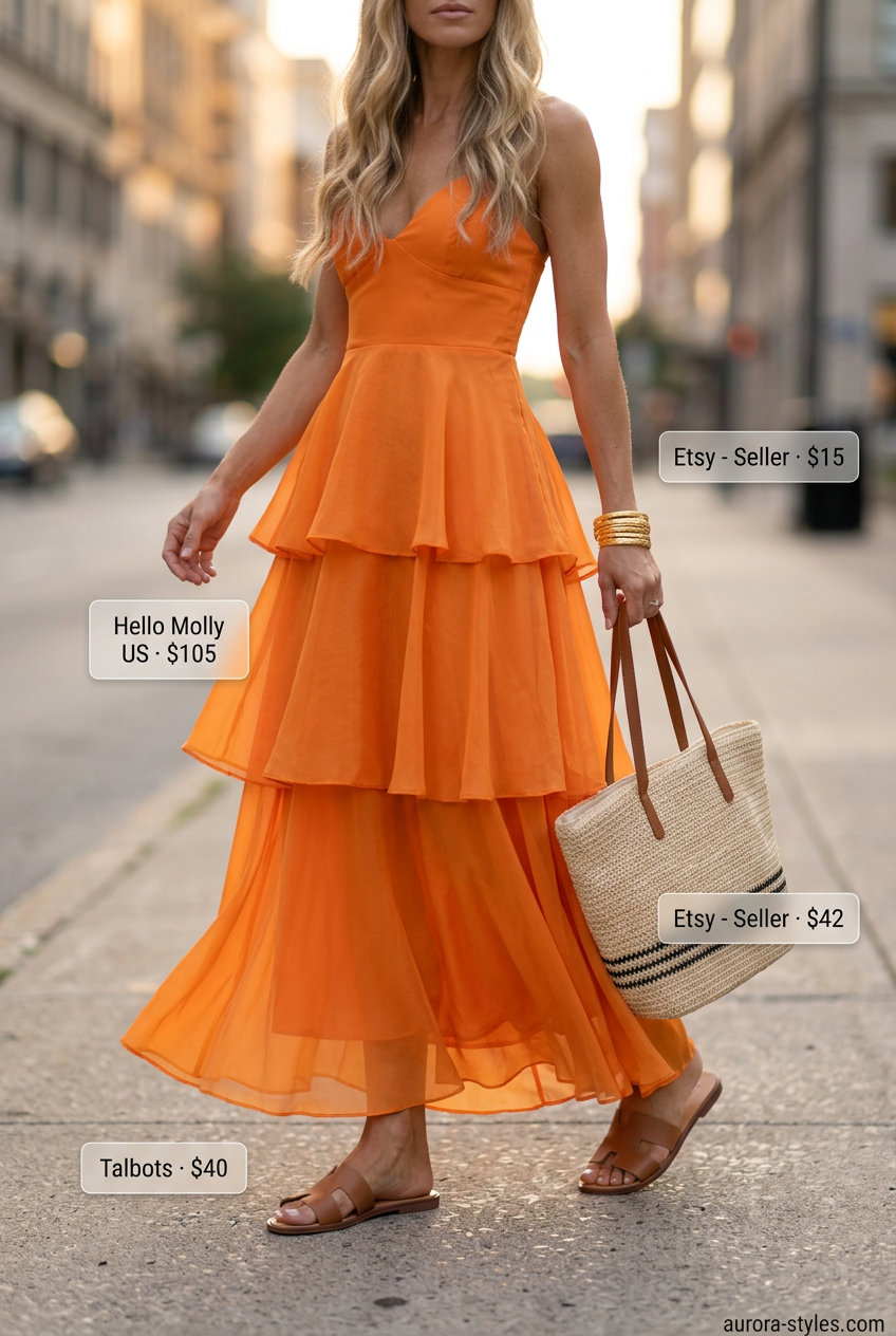 Summer streetwear for women 2026: Sunset orange maxi dress with straw tote and leather slide sandals.