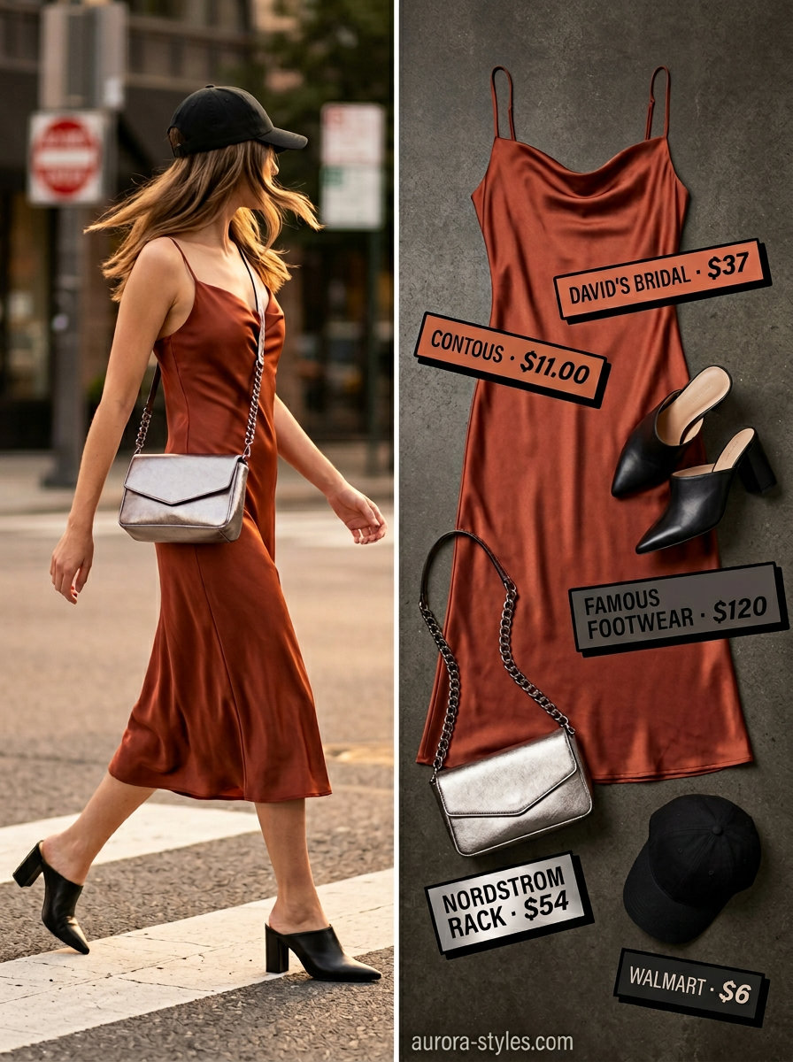 Summer streetwear for women 2026: Coral slip dress, black cap, mules, and silver chain crossbody bag.