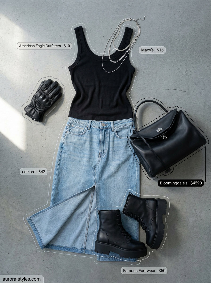 Summer streetwear for women 2026: Dark wash denim maxi skirt, black tank, leather bag, and platform boots.