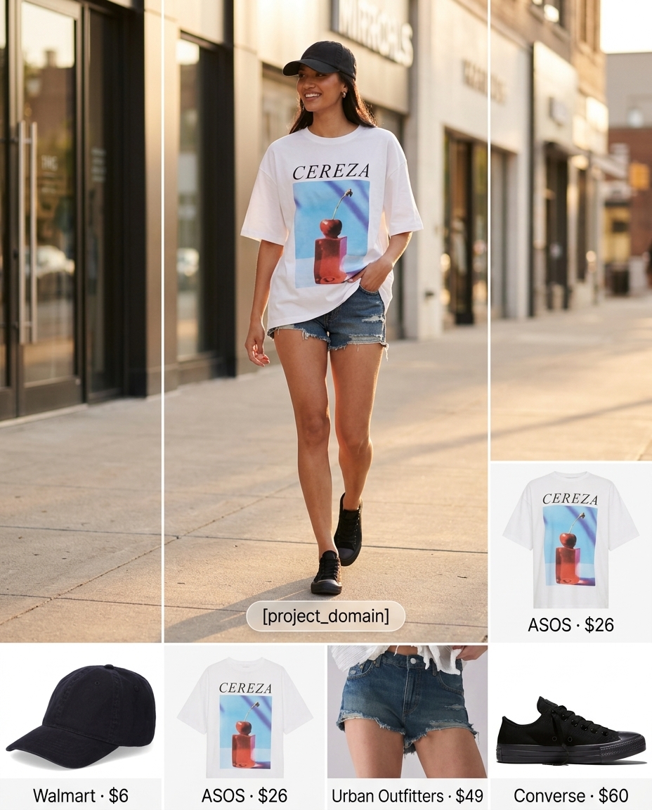 Summer streetwear for women 2026: Distressed denim shorts, graphic tee, canvas sneakers, black cap.