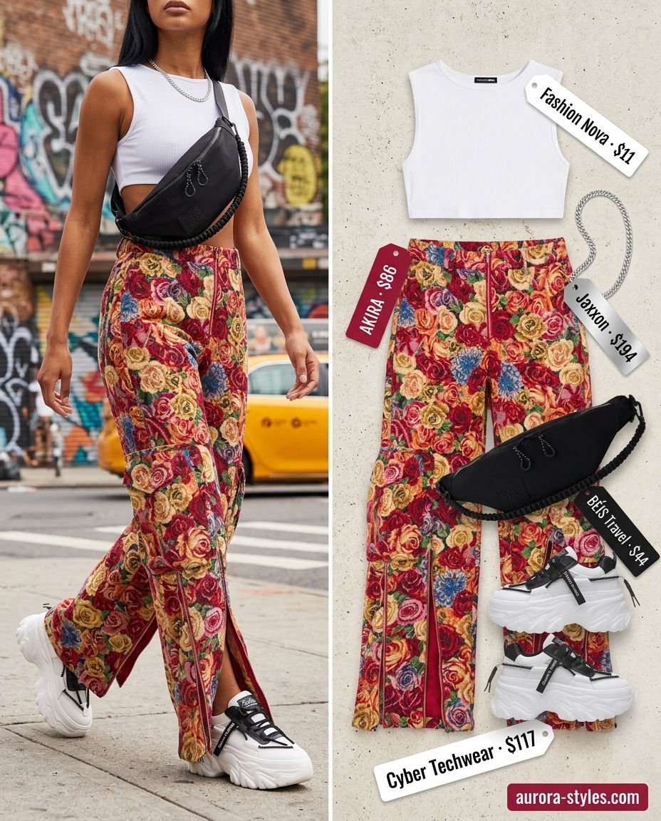 Summer streetwear for women 2026: Multicolor floral cargo pants, white crop top, silver chain, and chunky sneakers.