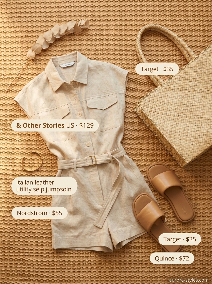 Beige linen jumpsuit with gold jewelry and straw tote bag for summer streetwear for women 2026.