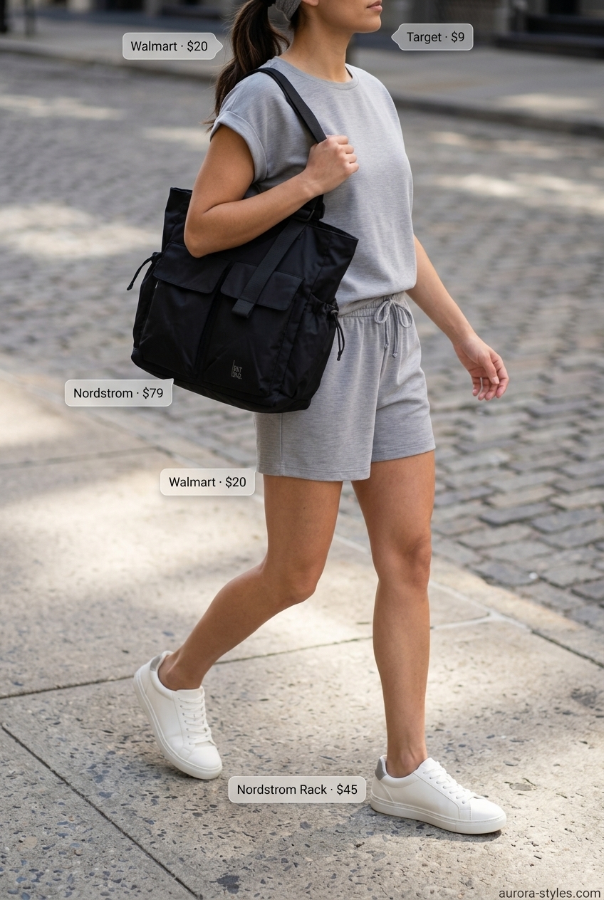 Light grey athleisure lounge set with white sneakers and black tote for summer streetwear for women 2026.