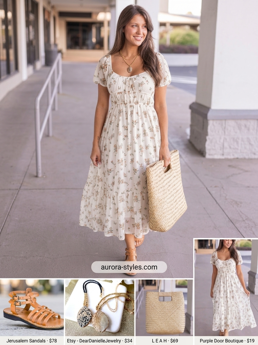 Cream floral maxi dress with straw tote and gladiator sandals for summer streetwear for women 2026.