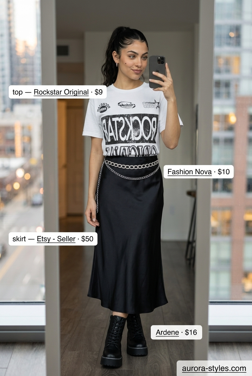 Black midi skirt with oversized graphic tee and combat boots for summer streetwear for women 2026.