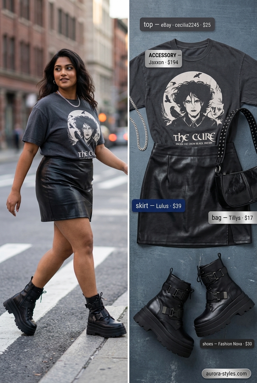 Black faux leather mini skirt with band tee and combat boots for summer streetwear for women 2026.