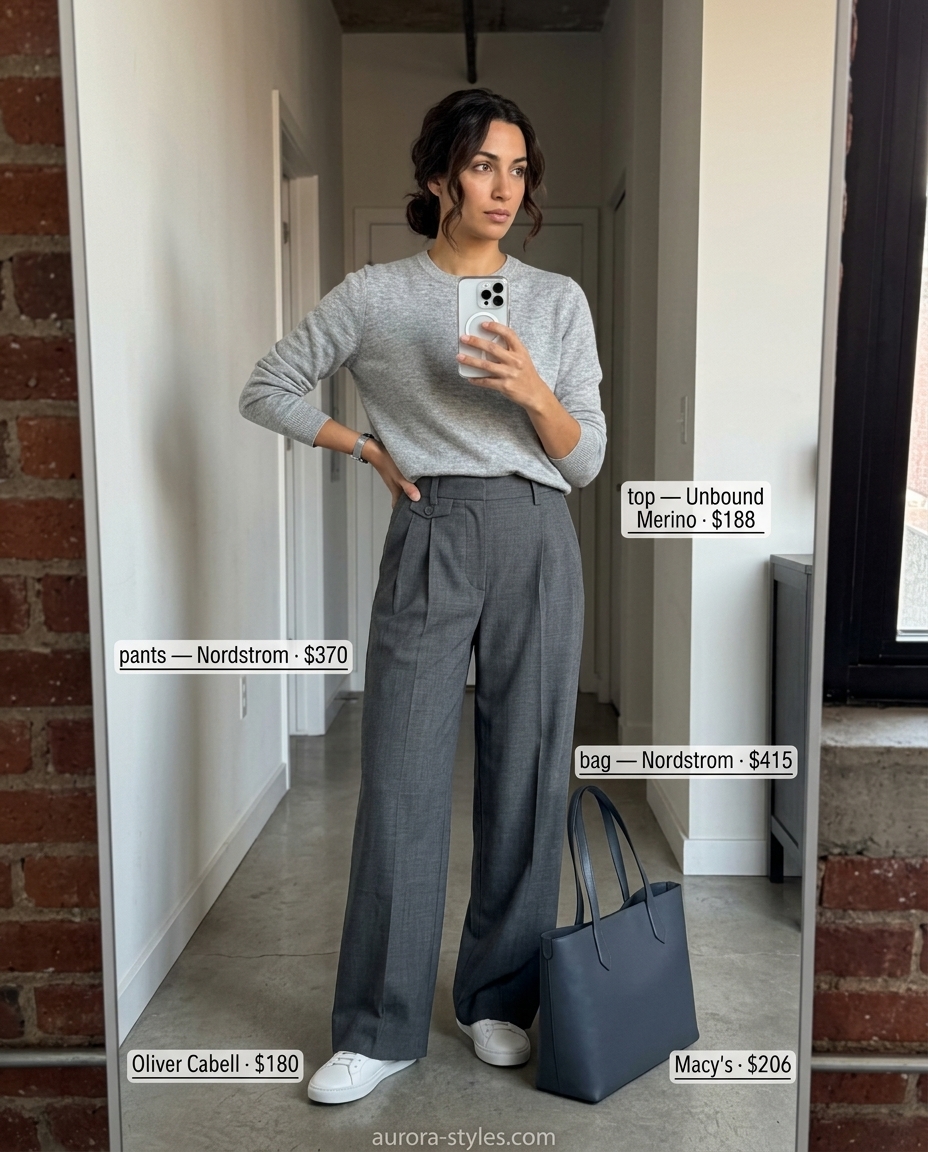 Grey wide-leg pants with grey sweater and white sneakers for summer streetwear for women 2026.