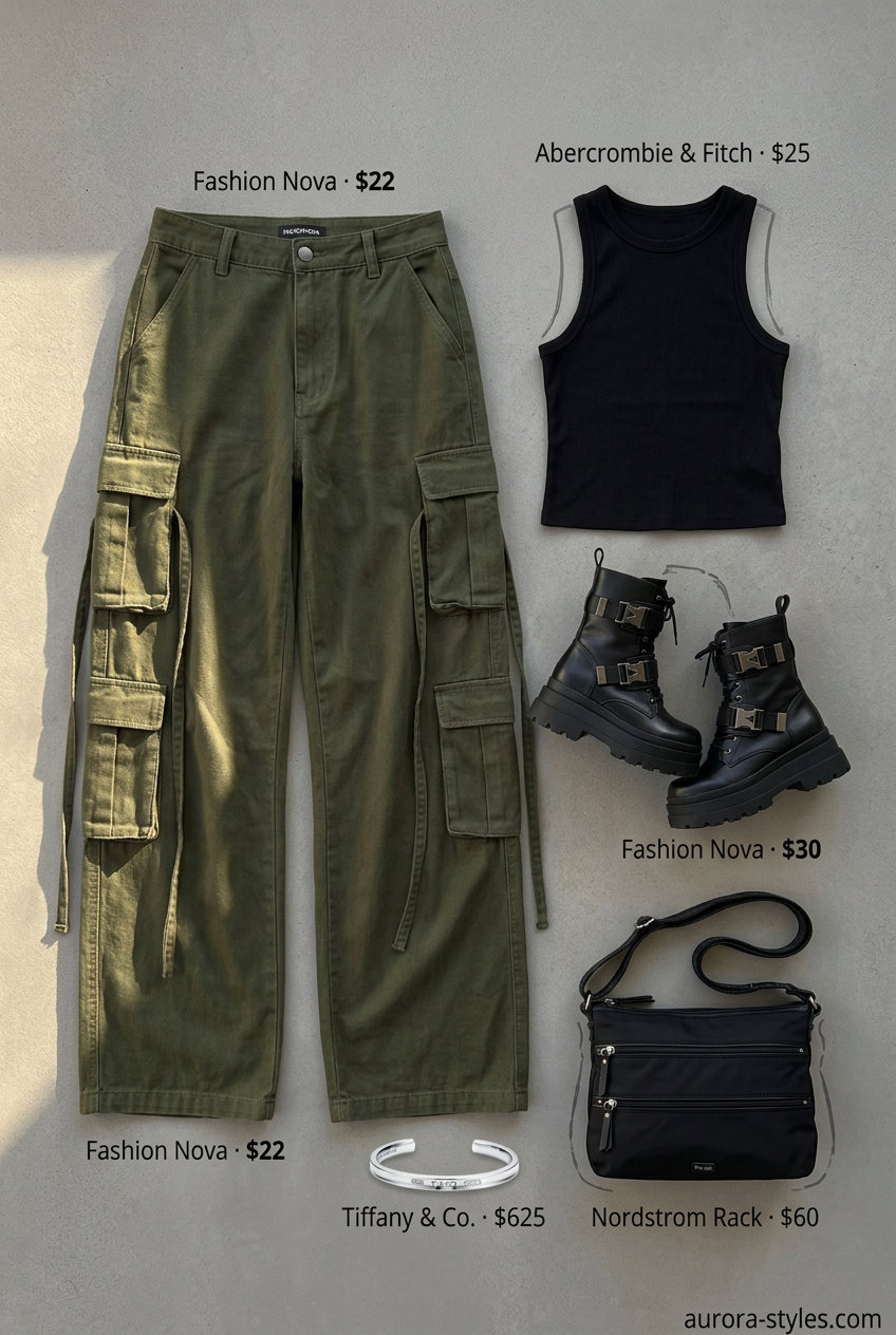 Summer streetwear for women 2026: Olive green cargo pants, black tank, combat boots, and crossbody bag.