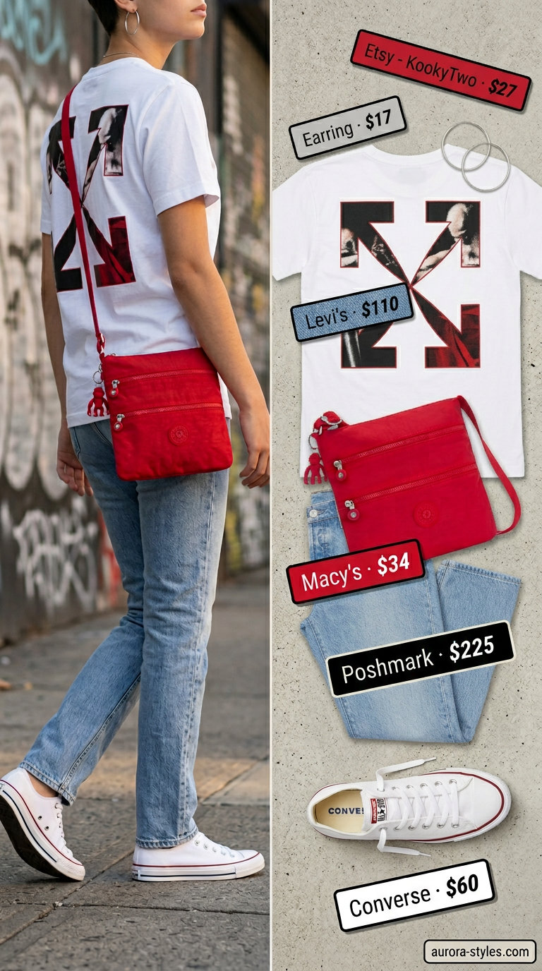 Summer streetwear for women 2026: Retro graphic tee, light wash jeans, silver hoops, canvas sneakers.