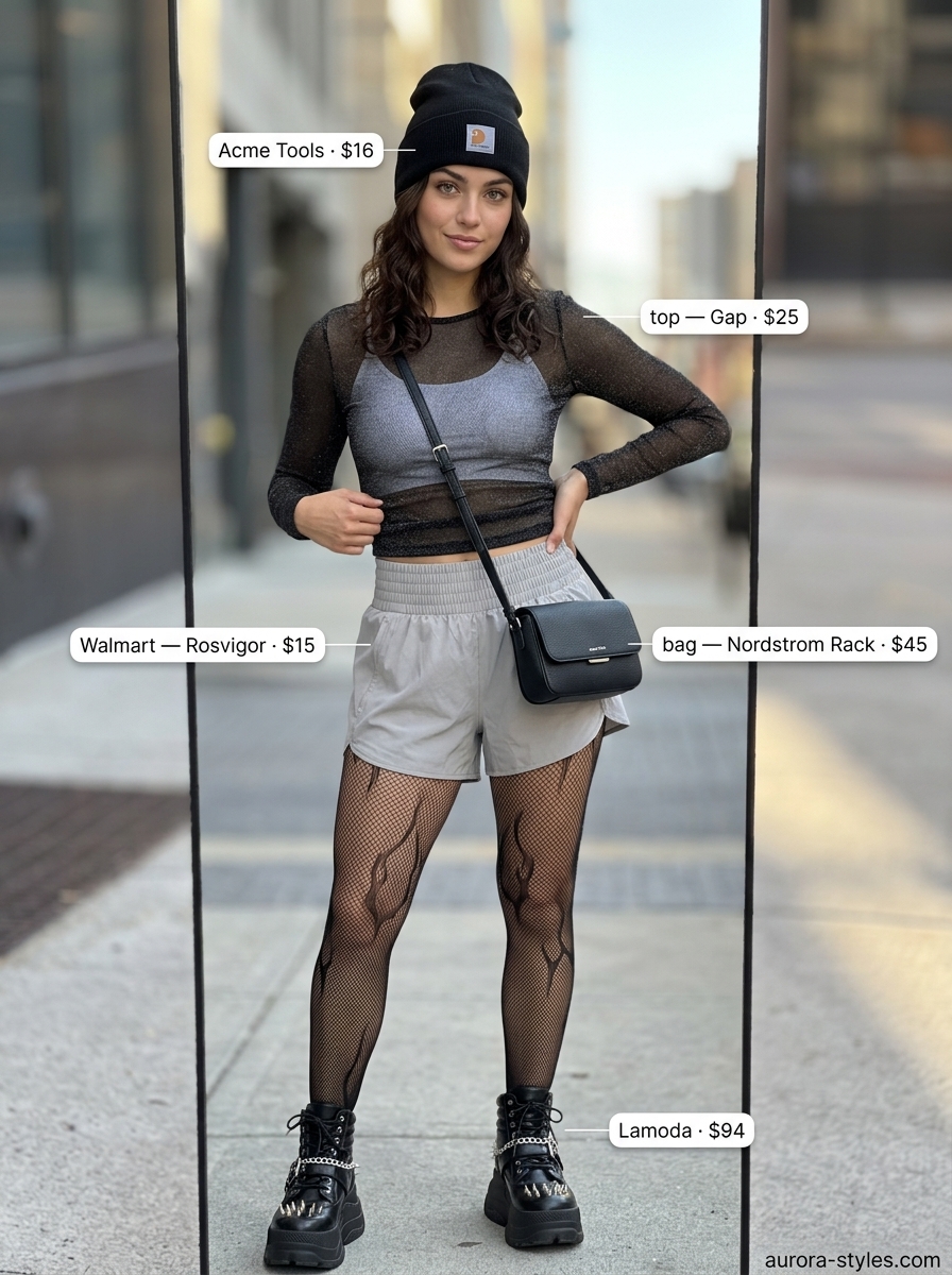 Summer streetwear for women 2026: Sheer black top over white bralette, grey shorts, platform sneakers.