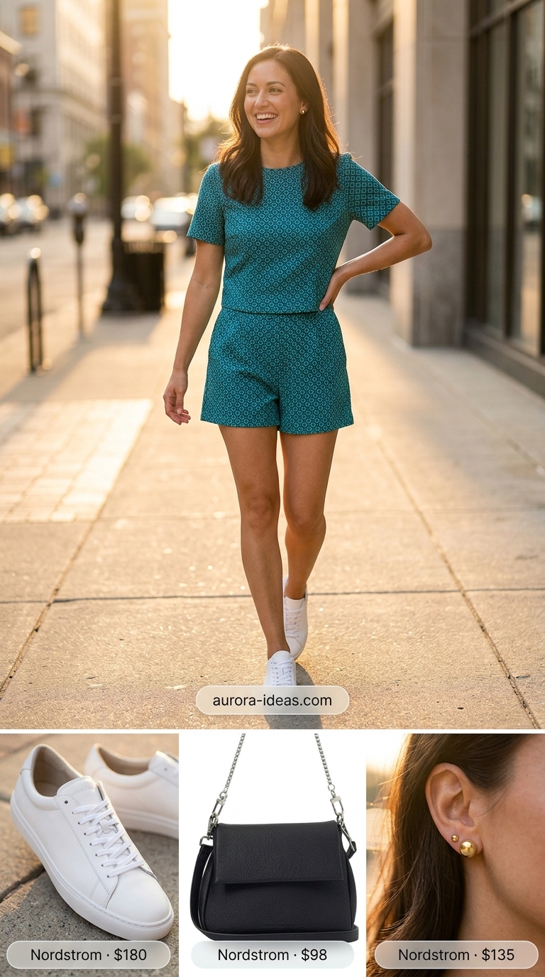 Teal and white shorts set with white sneakers and crossbody bag for summer streetwear for women 2026.