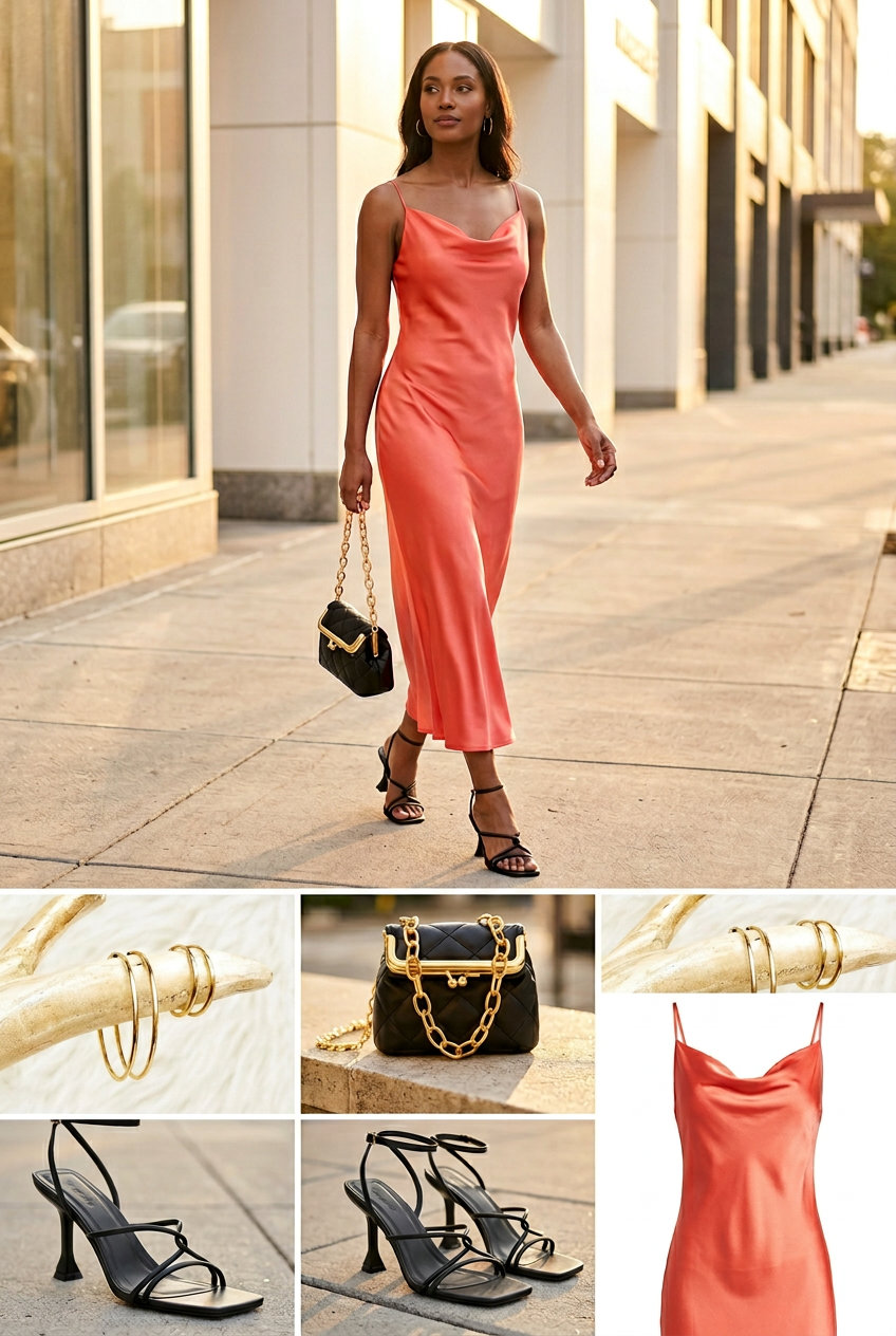 Coral slip dress with black heels and shoulder bag for summer streetwear for women 2026.