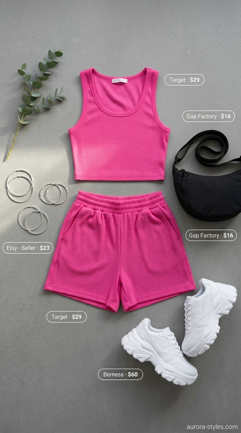 Hot pink athleisure set with white sneakers and crossbody bag for summer streetwear for women 2026.