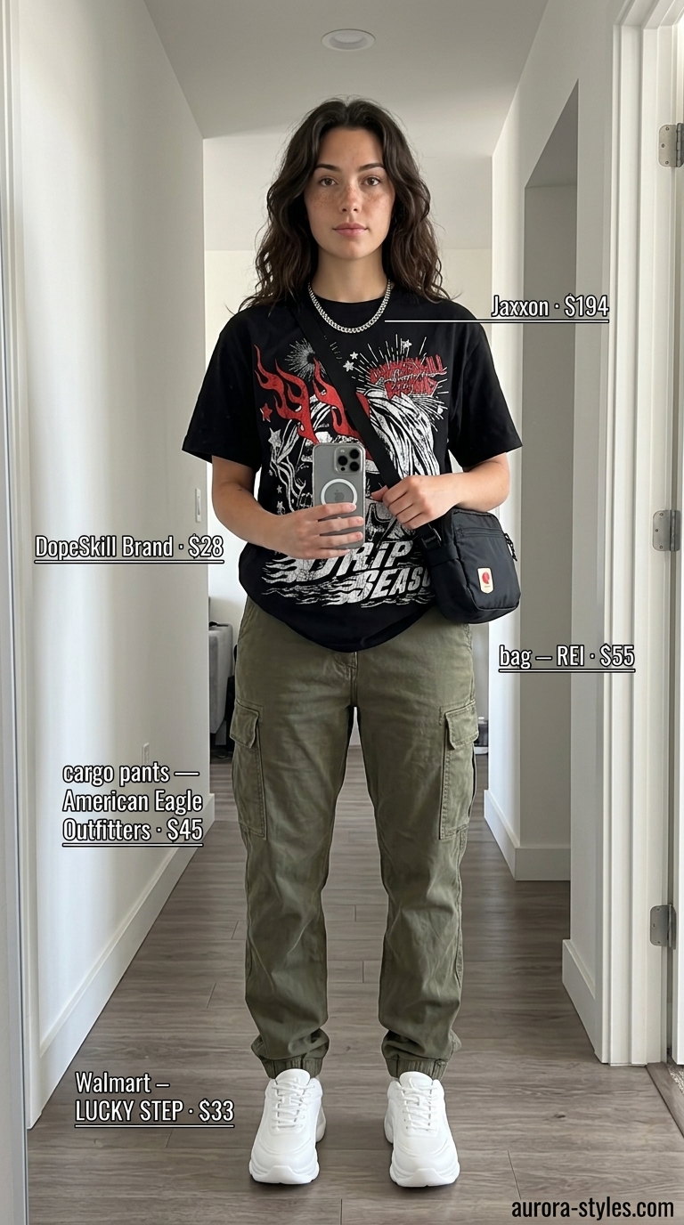 Summer streetwear for women 2026: Olive green cargo pants, graphic tee, chunky sneakers, silver necklace.