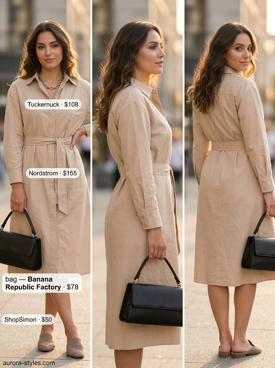 Black shirtdress sundress, beige mules, and structured bag for an elevated everyday look. Summer sundresses for women 2026.