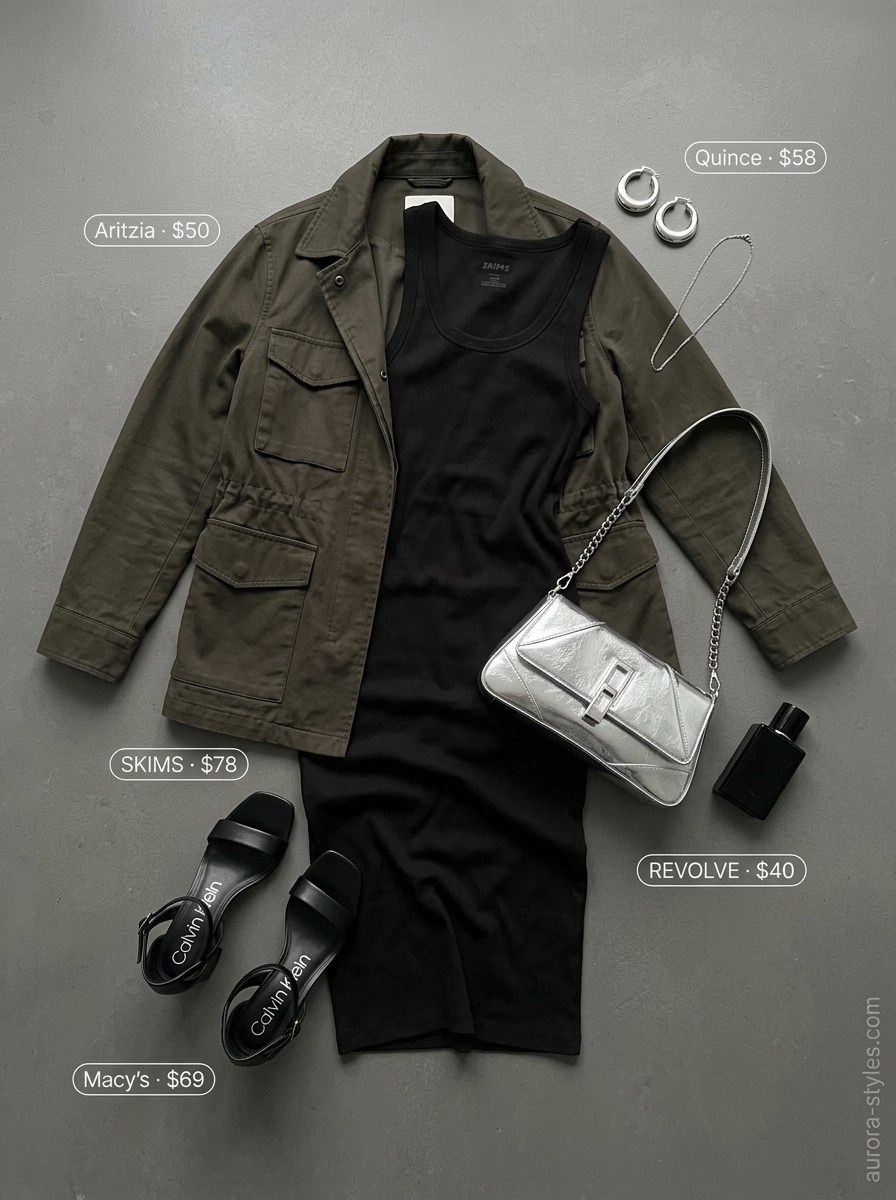 Black bodycon sundress for women 2026, styled for urban evenings with utility jacket and silver accessories.