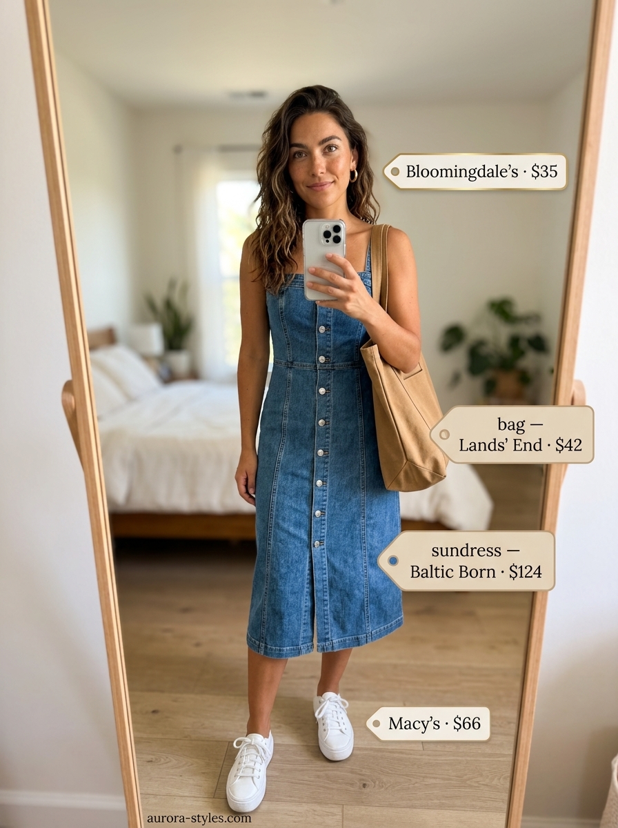 Denim sundress for women 2026 city break, styled with white sneakers, tan belt and tote bag.