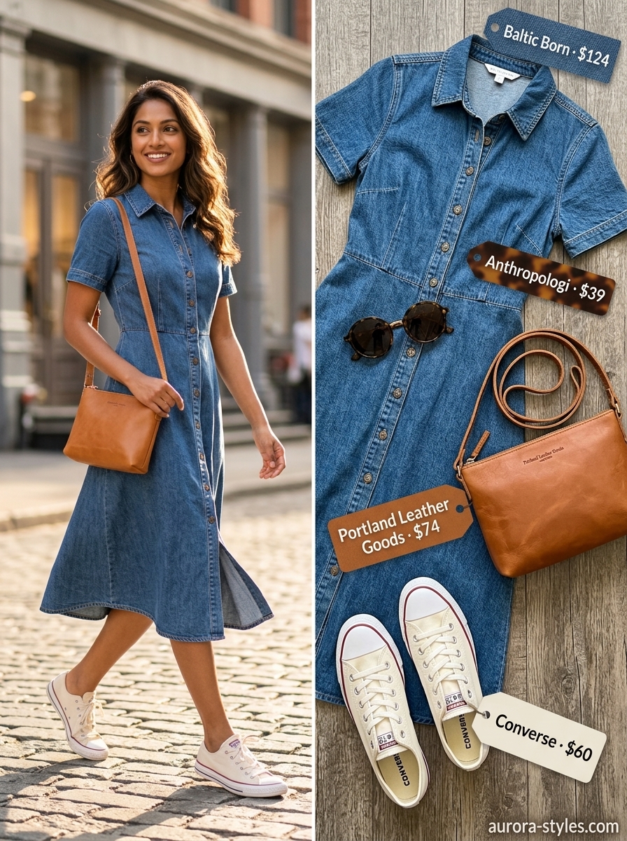 Light wash denim sundress for women 2026, perfect for weekend errands with white sneakers and crossbody bag.